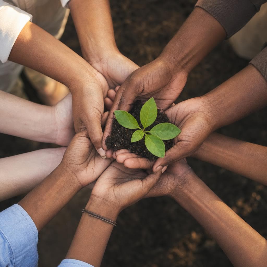 Diverse hands together holding a seedling